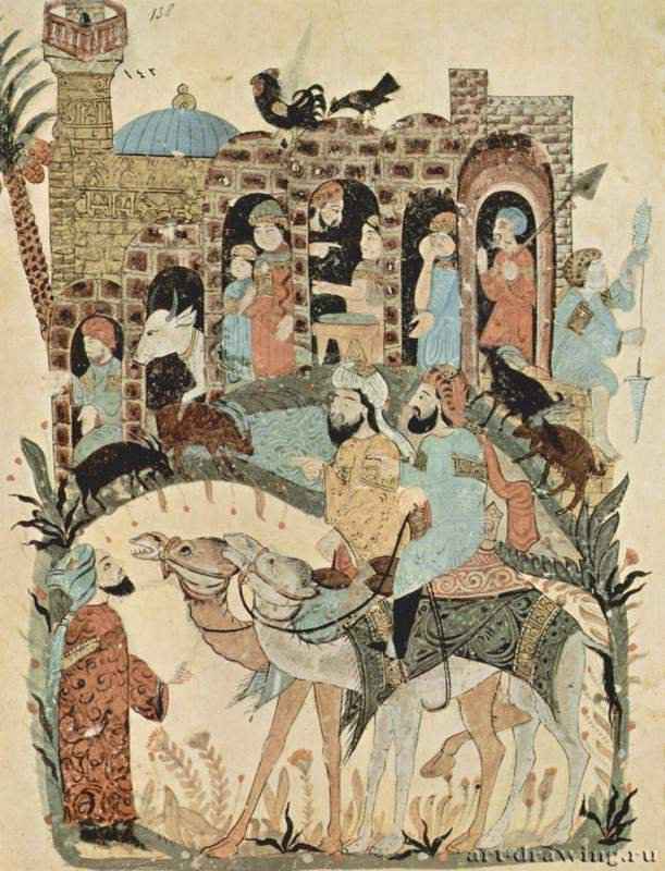 Макам аль-Харири, беседа на окраине аула (сорок третий макам). 1237 - 34,8 x 26 см Бумага Ближний Восток Париж. Национальная библиотека Книжная миниатюра